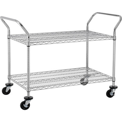 Chariot utilitaire roulant commercial robuste à 2 niveaux, capacité de 272 kg, tablettes métalliques avec poignées et roues verrouillables