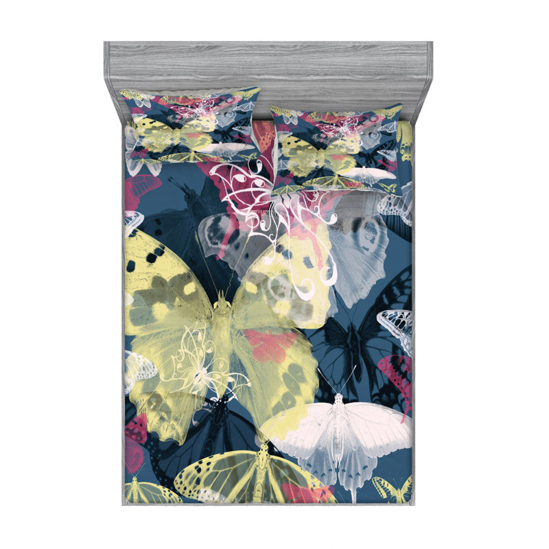 Ensemble de draps de papillons dessinés à la main, Ensemble de draps pour lit double avec un drap-hou