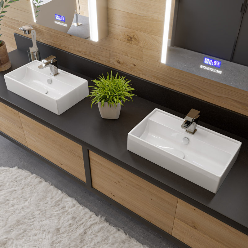 White Ceramic Rectangular Wall-Mounted Bathroom Sink with Overflow