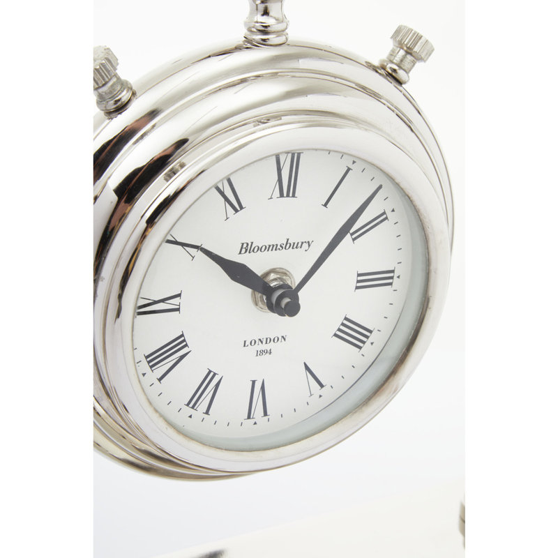 Roman Numeral Metal Mechanical Tabletop Clock in Silver, 28cm H x 26cm W x 7cm D