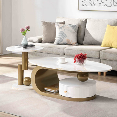 2 tables basses modernes dorées - Tables de salon ovales et rondes avec tiroir en plastique synthétique imitation marbre, assemblage facile, fait connu pour 2 pièces