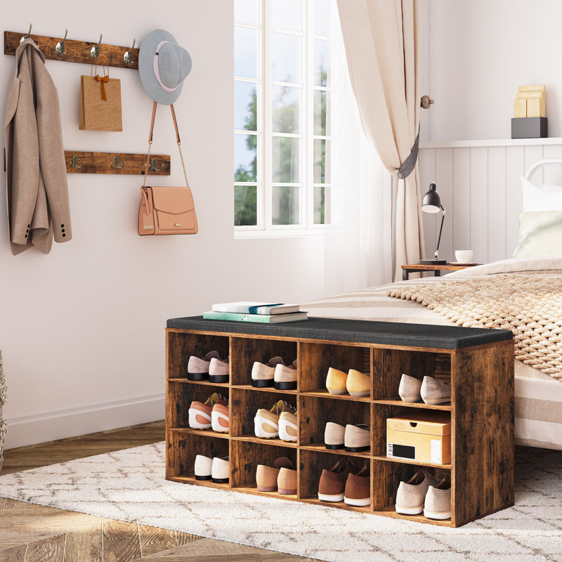 Banc de rangement pour chaussures avec coussin, banc d'entrée de L 39,4 po avec 12 casiers, Brun / Noir