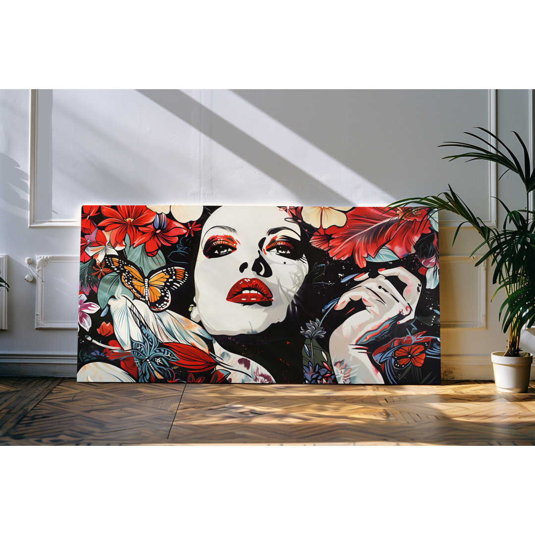 Wandbild 120x60cm Porträt einer jungen Frau roter Lippenstift Blumen Schmetterlinge