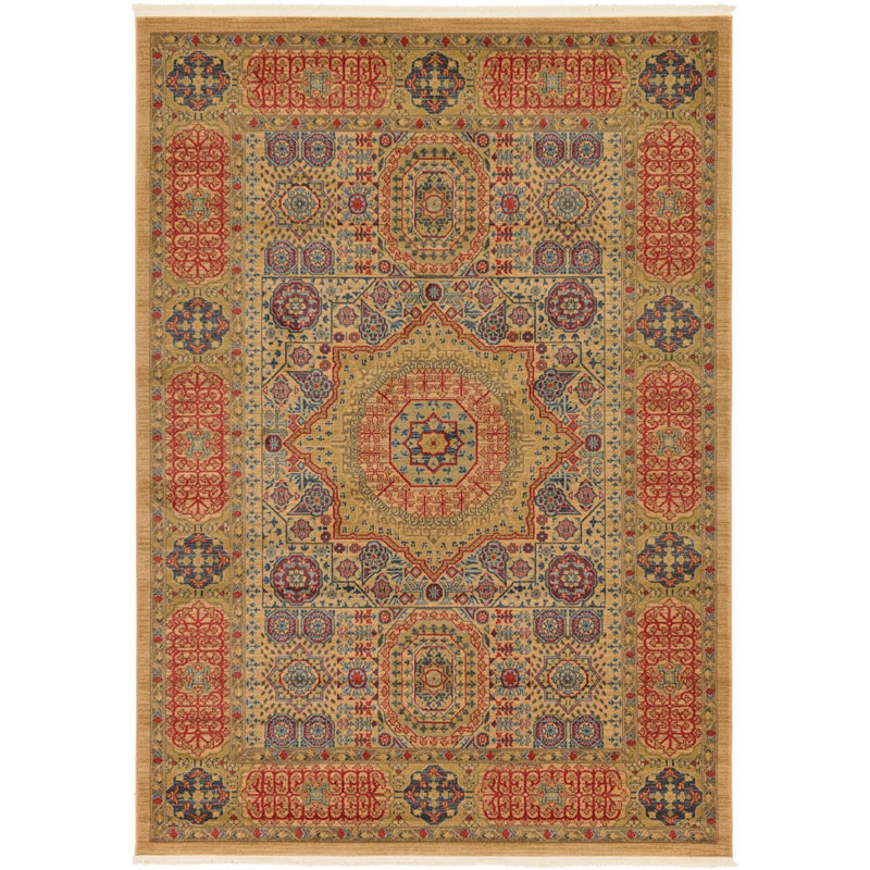 Tapis oriental vert clair et beige foncée Ophelia, Red/Tan, Rectangle 5 pi 1 po x 8 pi
