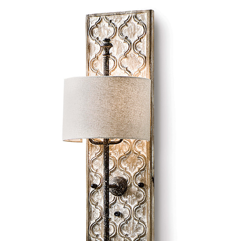 Distressed Gold Dual-Light Linen Shade Carved Sconce