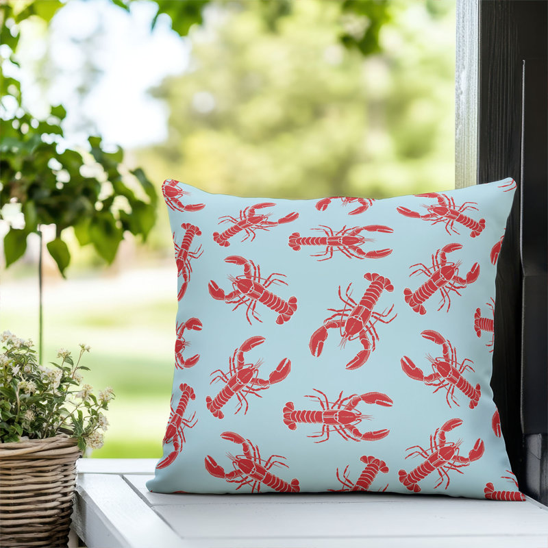 Coussin décoratif d'extérieur Lobster, Bleu sarcelle clair / rouge, Carré 16 po