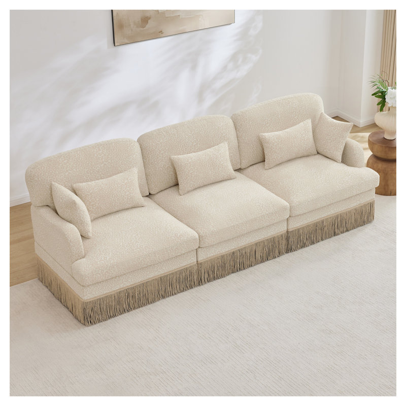 Canapé modulaire ergonomique en chenille de 100 po avec garniture de pampilles, canapé 3 places à imprimé léopard beige et canapé modulaire ergonomique