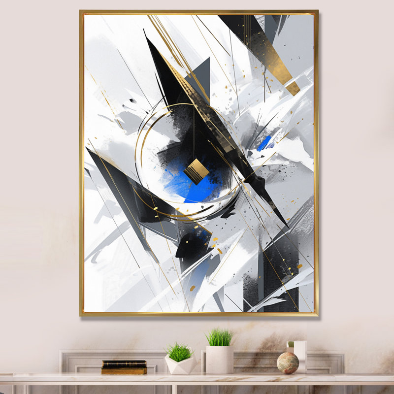 Blue Black Cubist Symphony I - Cubism Framed Wall Art, Gold Floater Framed, 44" H x 34" W x 1.5" D