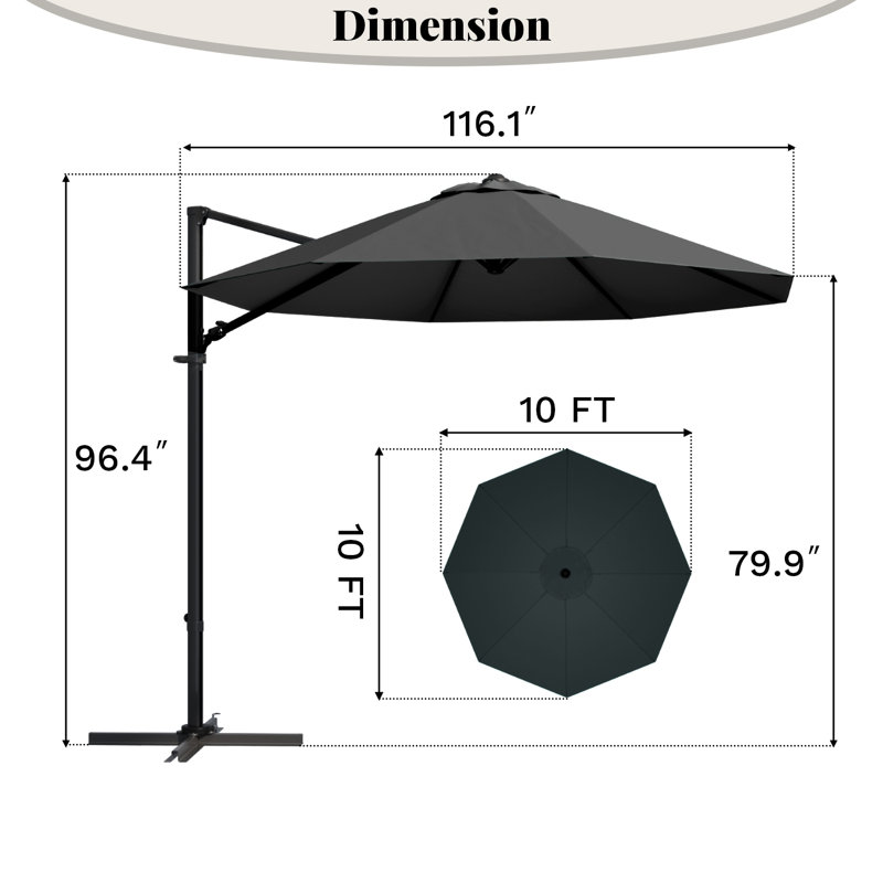 Parasol en porte-à-faux 116,1 po x 116,1 po, Noir, H 96,4 po x l 116,1 po x P 116,1 po