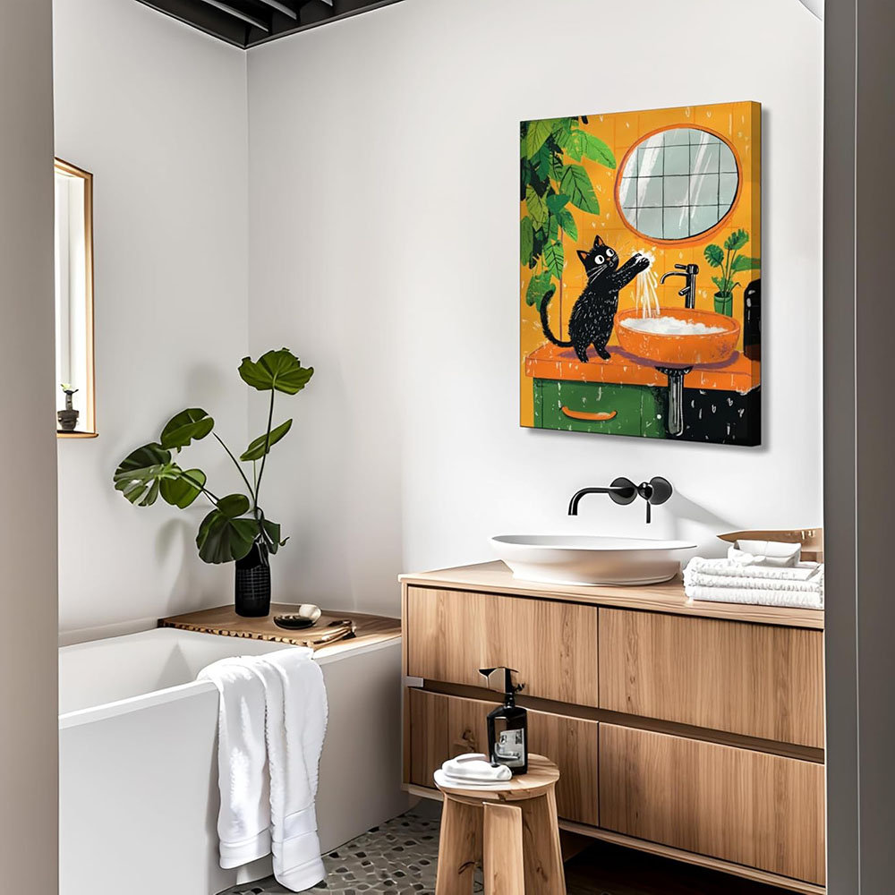 Funny Black Cat Bathroom Canvas Wall Art Wash Your Little Paws Colorful Painting Picture Wall Decor Cute Black Cat Fantastic Poster Print Artwork For