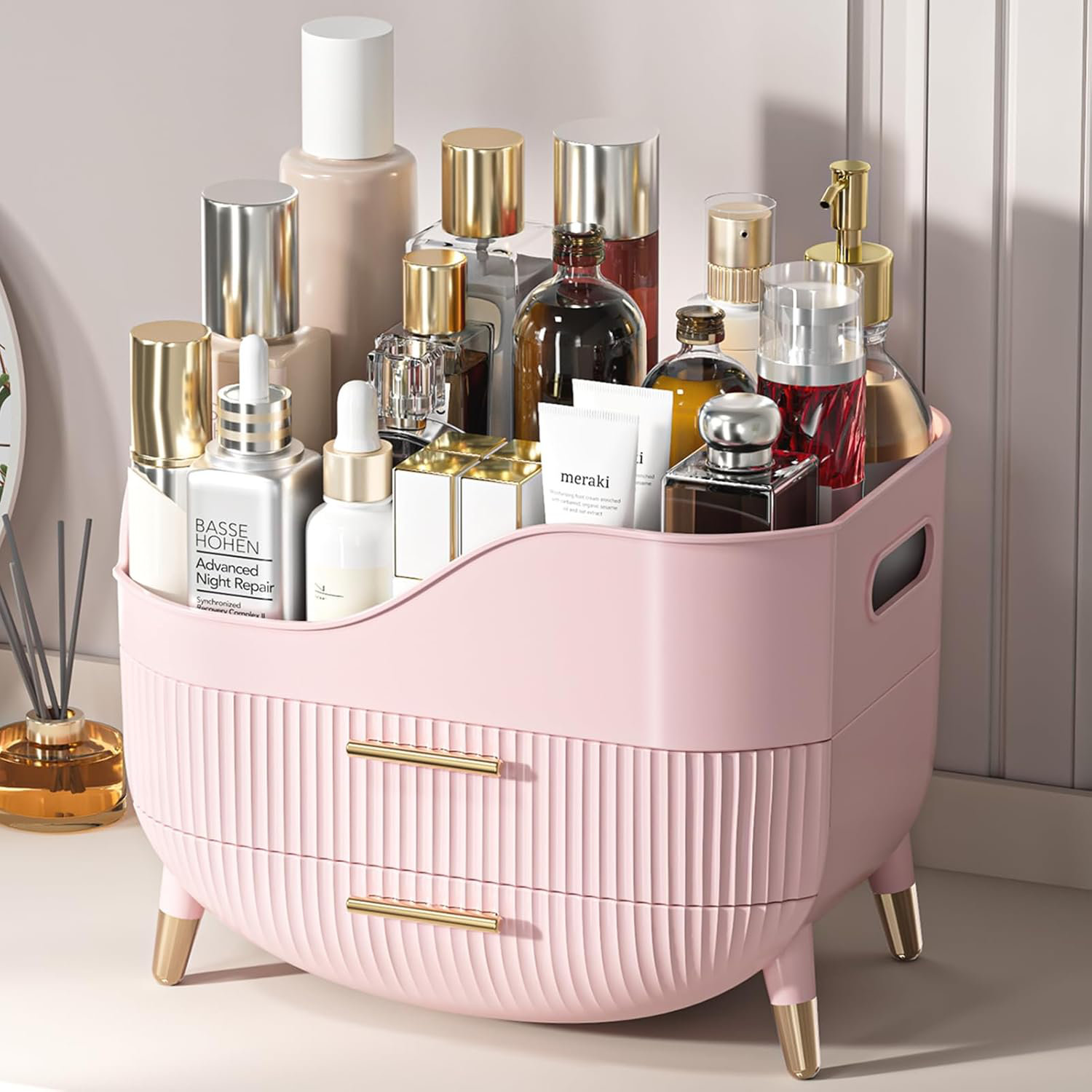 Rebrilliant Pink Large Capacity Skincare Cosmetic Organizer Countertop With 2 Drawers Cosmetic ...