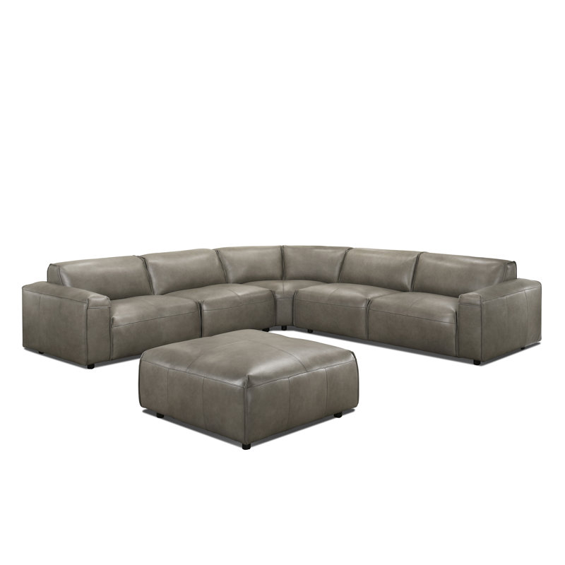 Fernagh Top Grain Leather Corner Sectional with Ottoman Gray, Stone Gray Genuine Leather