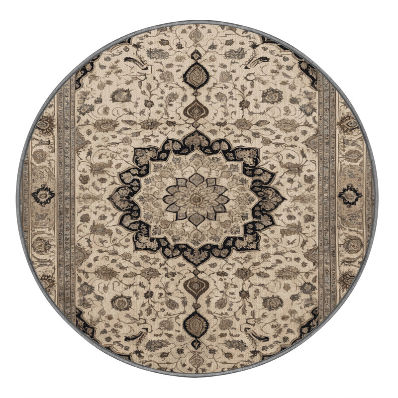 Tapis persan gris lavable à la machine, Rond 3 pi