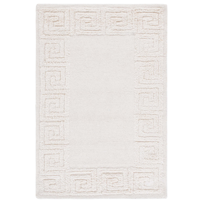 Dreshon Hand Tufted Wool/Cotton Greek Key Border Rug in Ivory, Rectangle 4' x 6'