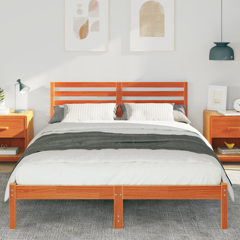 Solid Wood Bed Frame, European Double (140 x 200 cm), Wax Brown