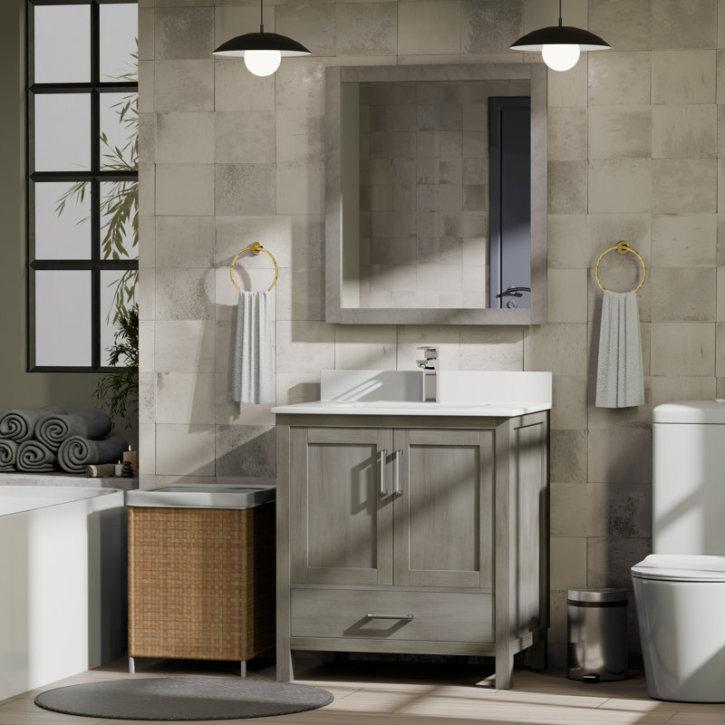 Jacques 30 in. W x 22 in. D Bath Vanity, Top, and 28 in. Mirror, Distressed Gray, White Cultured Marble