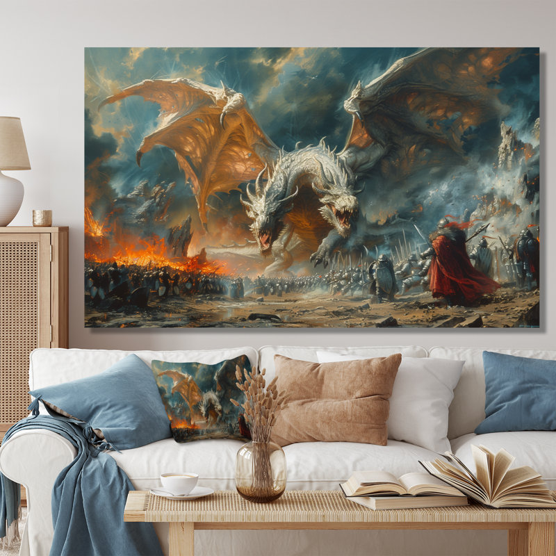 Décoration murale épique entre dragons et militaires II - Dragons, Toile tendue, H 40 po x l 60 po x P 1,5 po