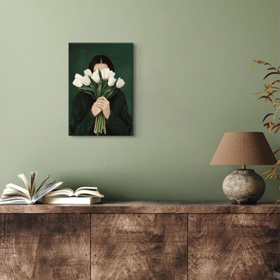 Rétro vert émeraude femme abstraite, art mural Funky, fille féminine, esthétique sur toile, personne tenant des tulipes blanches, photo éclectique, salon, peinture (16 x 24 pouces)