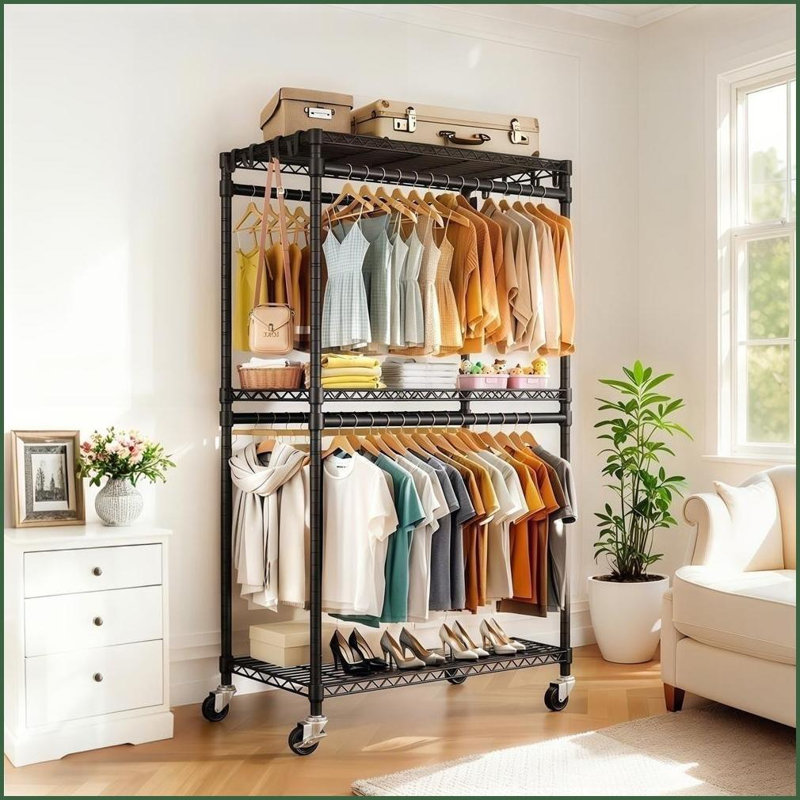 Clothes Rack, Heavy Duty Rolling Closet Organizer with 3-Tier Shelves 2 Hanging Rods Side Hooks | Black | Metal