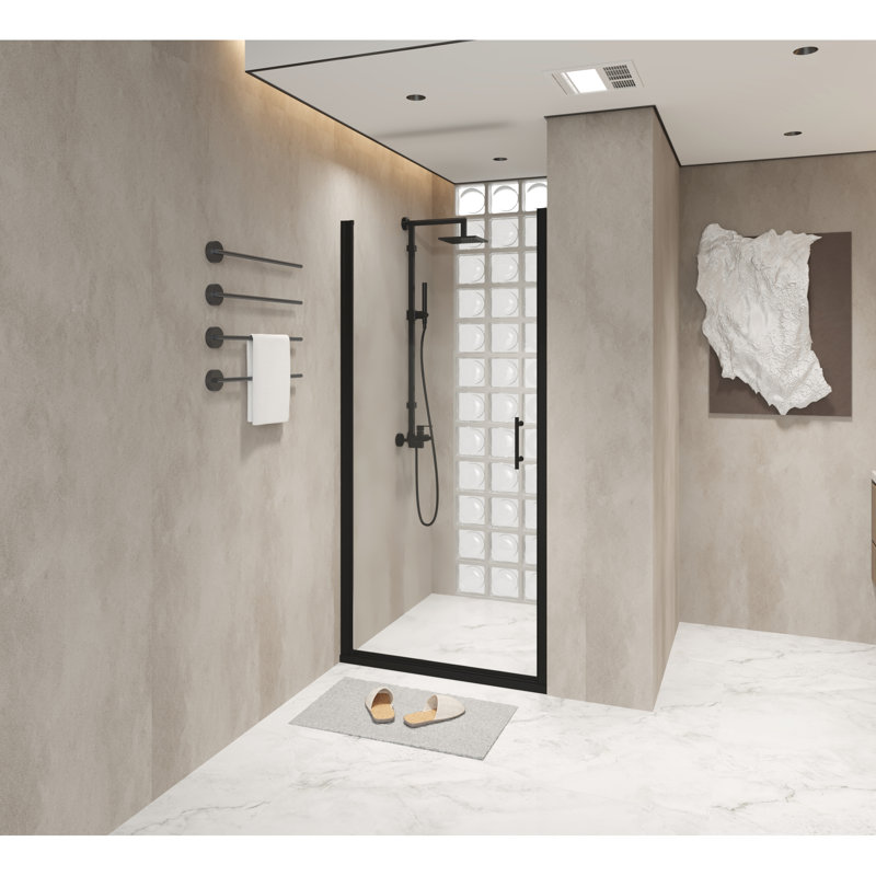 28X72 Inch Shower Door With Pivot Function, Matte Black Aluminum Half Frame, 1/4" Tempered Glass, Film, Practical Water - Blocking, Space Saving Swing For Bathroom Enhancement 6Mm Transparent Proof