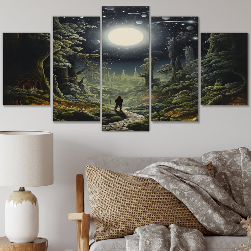 Pleine lune mystérieuse marchant dans la forêt enchantée - Art mural sur toile Lakehouse - 5 panneaux