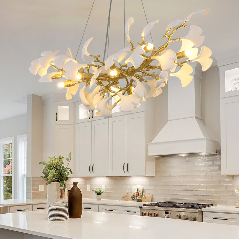 10-light 36" Dimmable Tree Branches Ginkgo Chandelier With Ceramic Leaves Shades