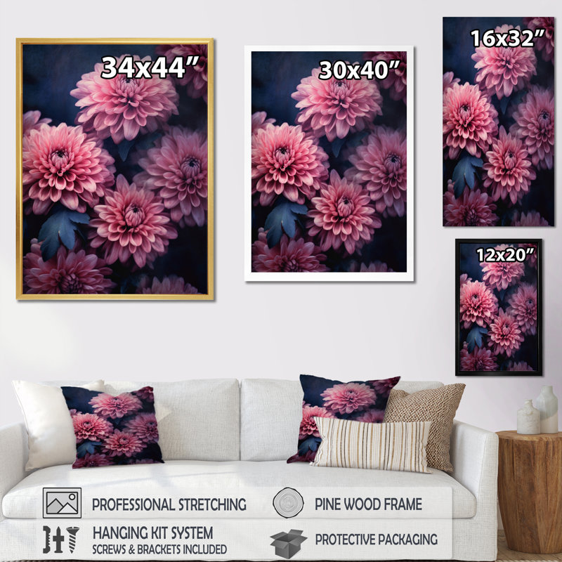 «Pink Grey Mums Spendor», reproduction sur toile, H 40 po x l 30 po x P 1,5 po, Cadre simple blanc
