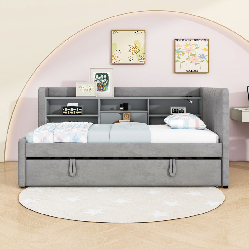 Twin Upholstered Daybed with Trundle, Built-in Storage Shelves and USB, Gray