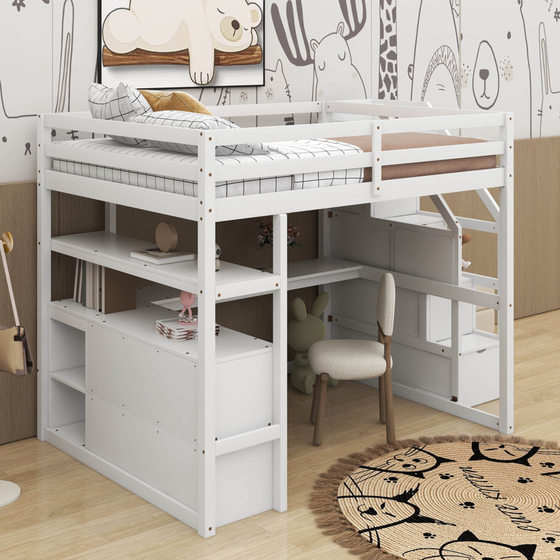 Full Size Loft Bed With Desk And Shelves, White, Full