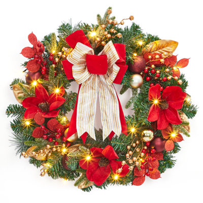 24'' Artificial Pre-Lit Christmas Wreaths for Front Door with 20 LED Lights & 8 Modes, Pine Needles