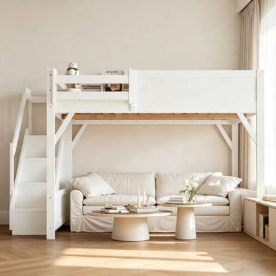 Grand lit mezzanine avec garde-robe et espace de rangement intégrés, lit mezzanine en bois massif avec tablettes à côté, garde-corps pleine longueur et escalier, aucun sommier nécessaire