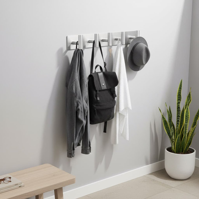 16.54" Black Wall Mounted Coat & Towel Rack - 5 Hooks for Robes/Bags/Keys - Entryway/Bathroom, Silver