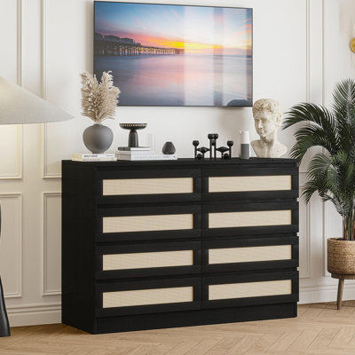 Commode double 8 tiroirs pour chambre à coucher, commode en rotin, commode en bois moderne, table d'appoint pour garde-robe, chambre de bébé, salon et entrée, noir