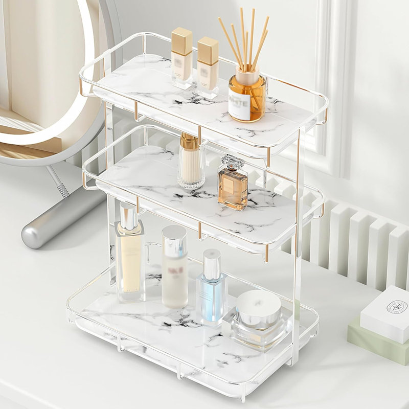 Étagère de rangement de maquillage à 3 niveaux pour salle de bain avec cadre en acier inoxydable et plateaux en céramique de marbre - plateau de meuble-lavabo compact pour commode ou lavabo