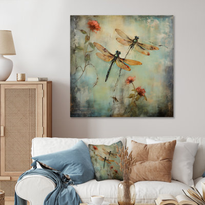 Vintage Painting Of Dragonfly Flying - Dragonfly Wall Art