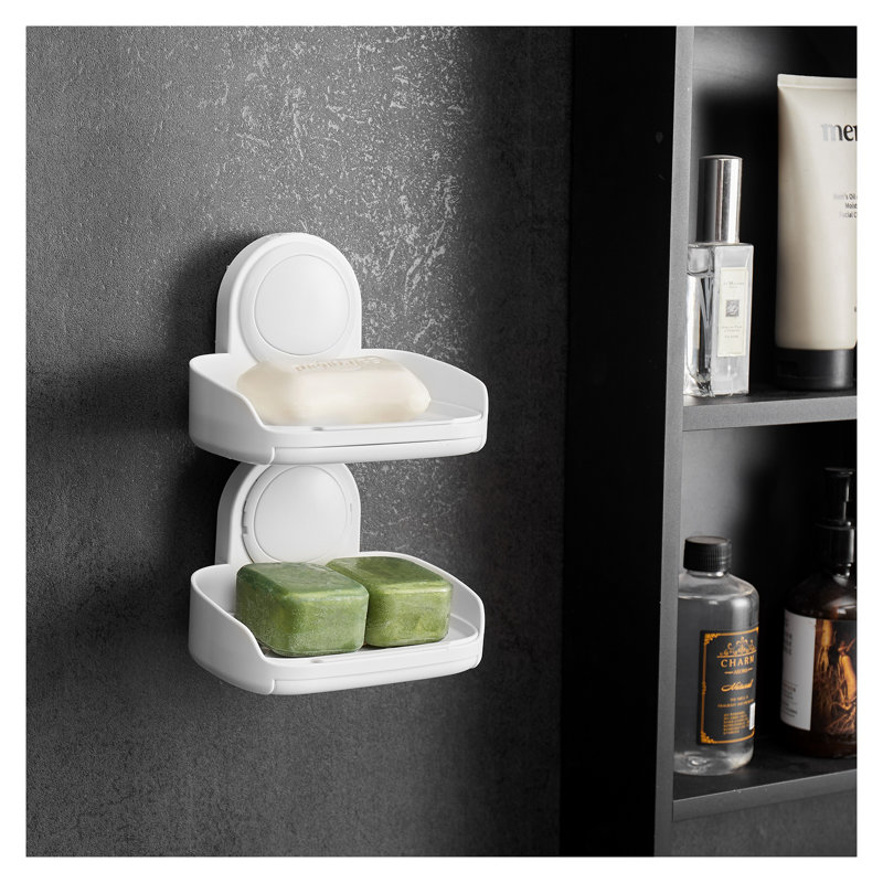 Double Layer Suction Cup Soap Dish Holder - Drill-Free Wall Mounted Shower Organizer with Drain Tray