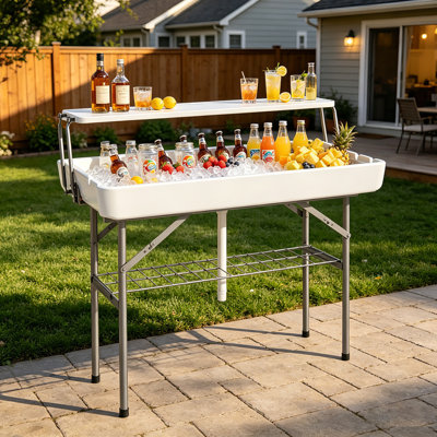Table de glacière à 2 niveaux de 4 pieds avec jupe et tuyau de drainage, table de glacière extérieure en plastique blanc pour la fête, le camping, le barbecue, le pique-nique