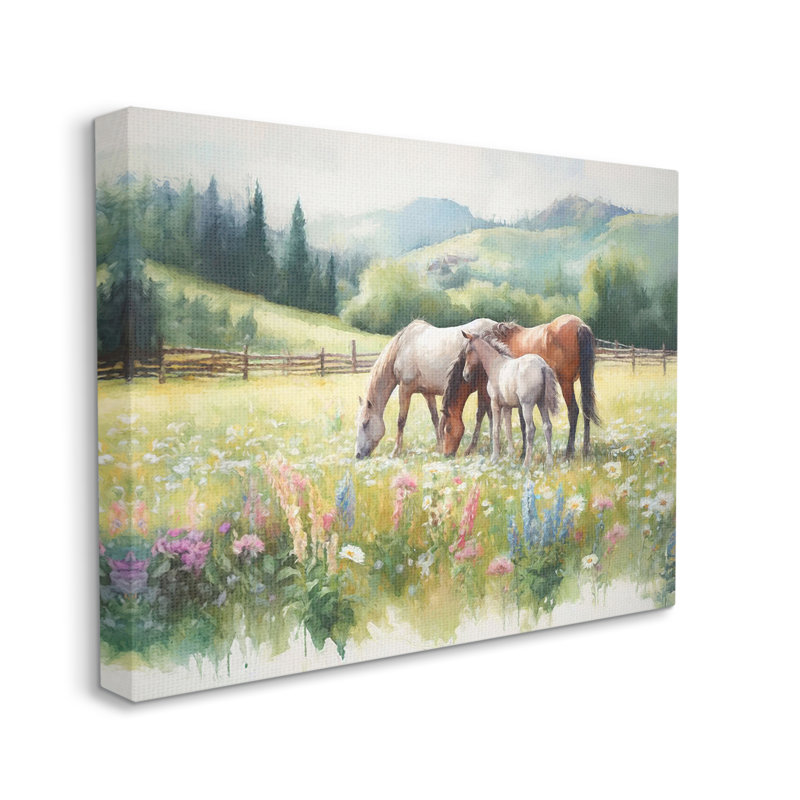 «Horses in Spring Meadow», art mural sur toile par Ramona Murdock, H 16 po x l 20 po x P 1,5 po