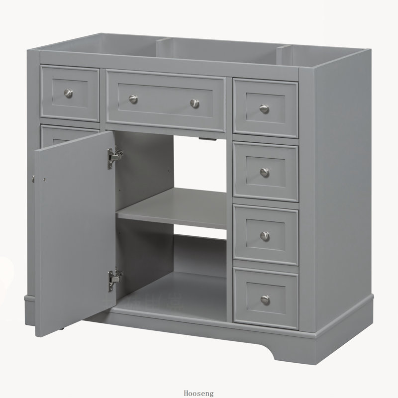 Base de meuble-lavabo sur pied 36 po seulement, armoire en bois massif et panneau de fibres à densité moyenne avec 1 compartiment d'armoire et 6 tiroirs, gris