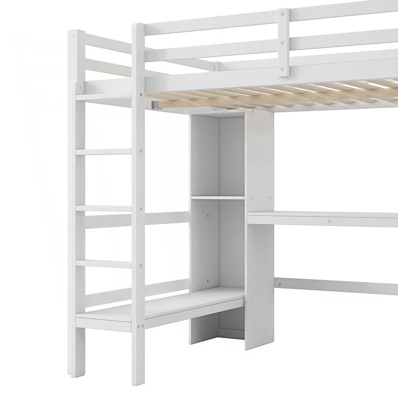 Lit mezzanine double avec tablettes multifonctionnelles et bureau sous le lit, Blanc