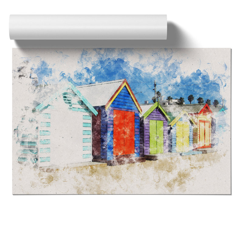 Colourful Beach Huts Watercolour - Frameless Print, 59cm H x 84cm W x 0.1cm D