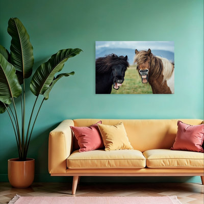 Drôle de chevaux riant ludique, cheval contemporain contemporain, montagne, art mural