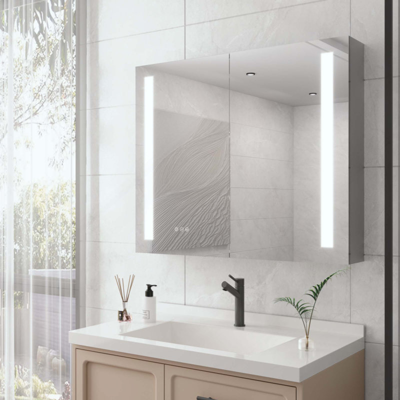 Armoire à pharmacie avec miroir de coiffeuse à DEL, antibuée, à intensité variable, encastrée ou à fixation en surface, armoire de salle de bain à double porte éclairée en aluminium 3000K ~ 6000K avec interrupteur tactile