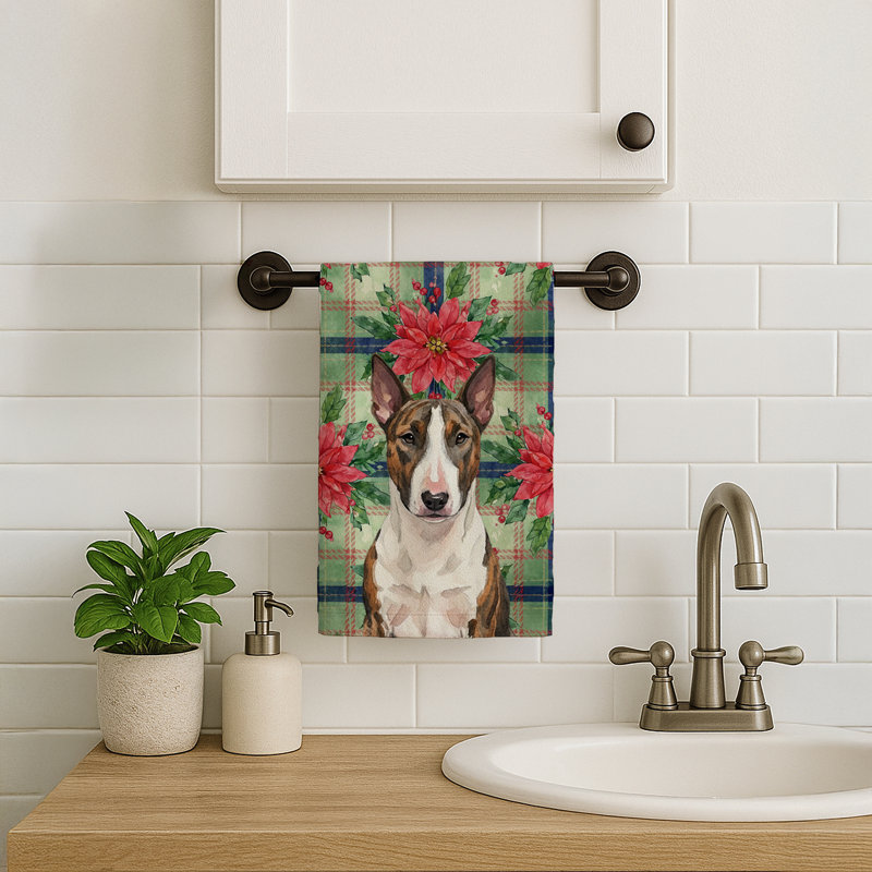 Brindle and White Bull Terrier Christmas PoinsettIas Kitchen Towel, Brindle/White Bull Terrier