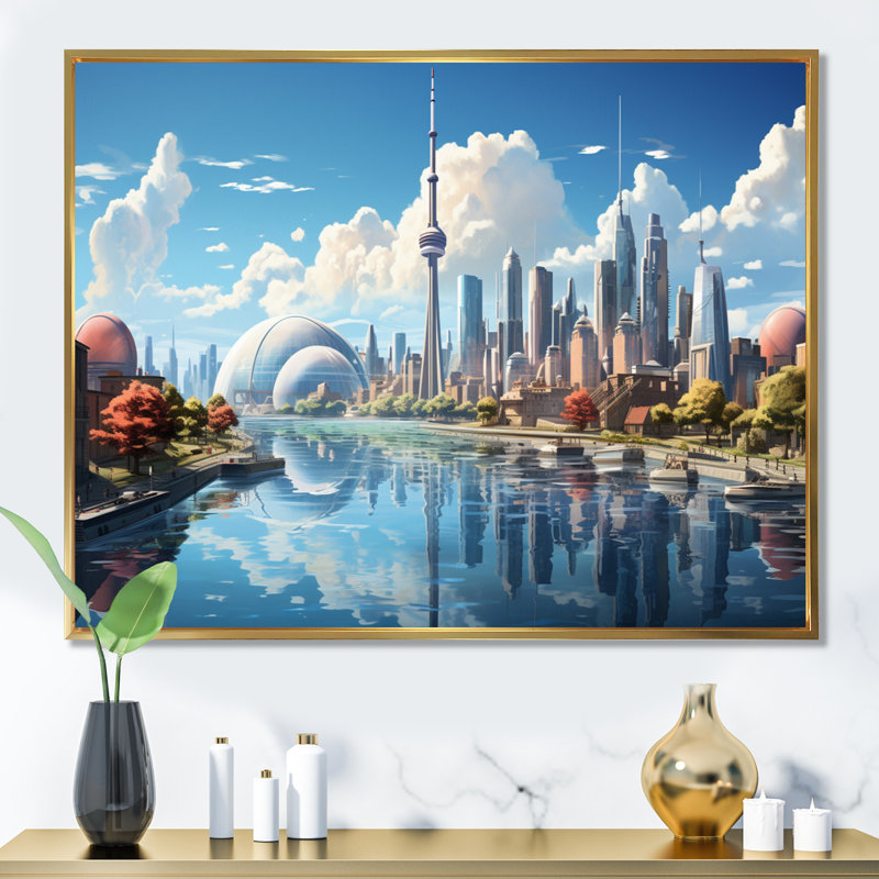 Toronto Skyline From The Water - City Toronto Wall Art Living Room, H 30 po x l 40 po x P 1,5 po, Cadre flottant doré