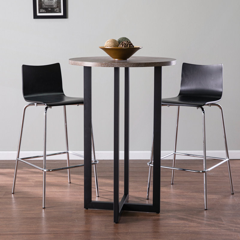 Table bistro avec plateau en chêne brûlé et base en métal noir pour petits espaces et utilisation multifonctionnelle