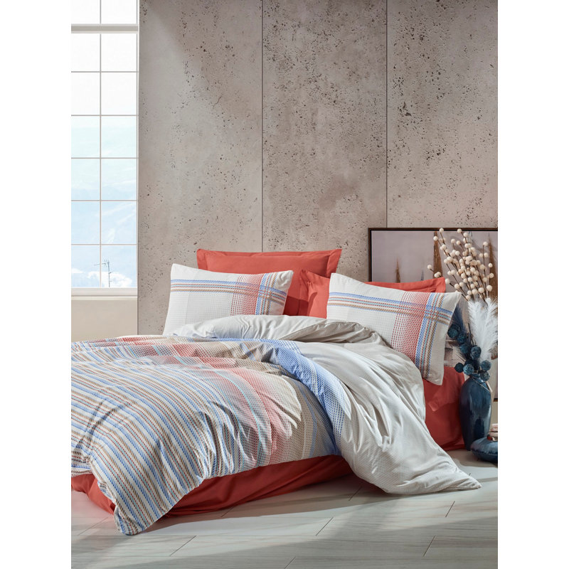Ensemble de housse de couette 100% coton corail / blanc / bleu Fabe 4 pièces