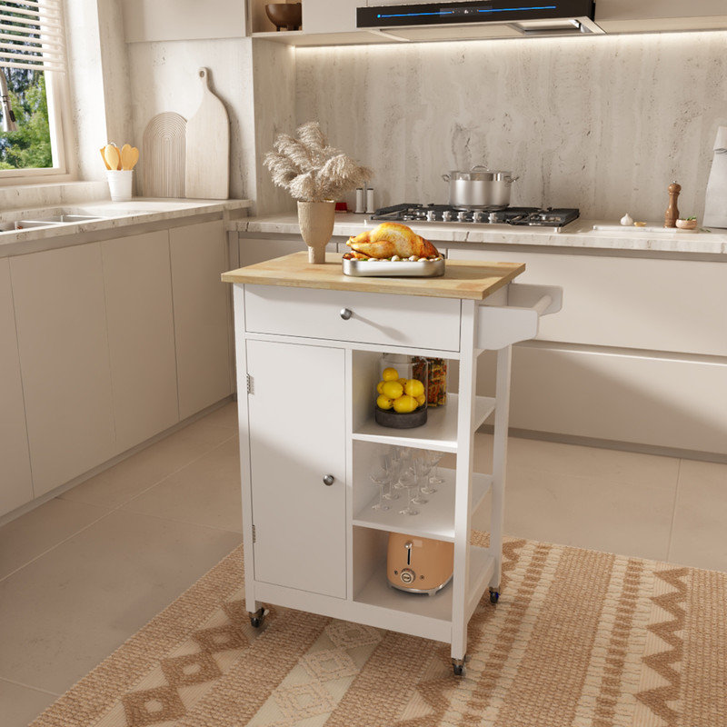 Shivai Rolling Kitchen Island Cart with Adjustable Shelves and towel rack rubber wood table top 
