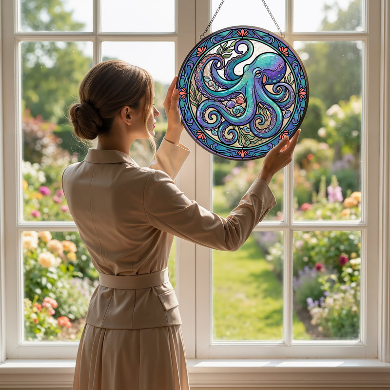 Panneau de vitrail Octopus Design - 7,8H, H 7,8 po