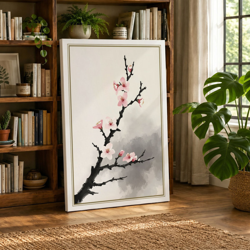 Moonlit Cherry Blossom Japandi - Wrapped Canvas, 36x24 - 91.4 x 61.0 cm, Terracotta Border